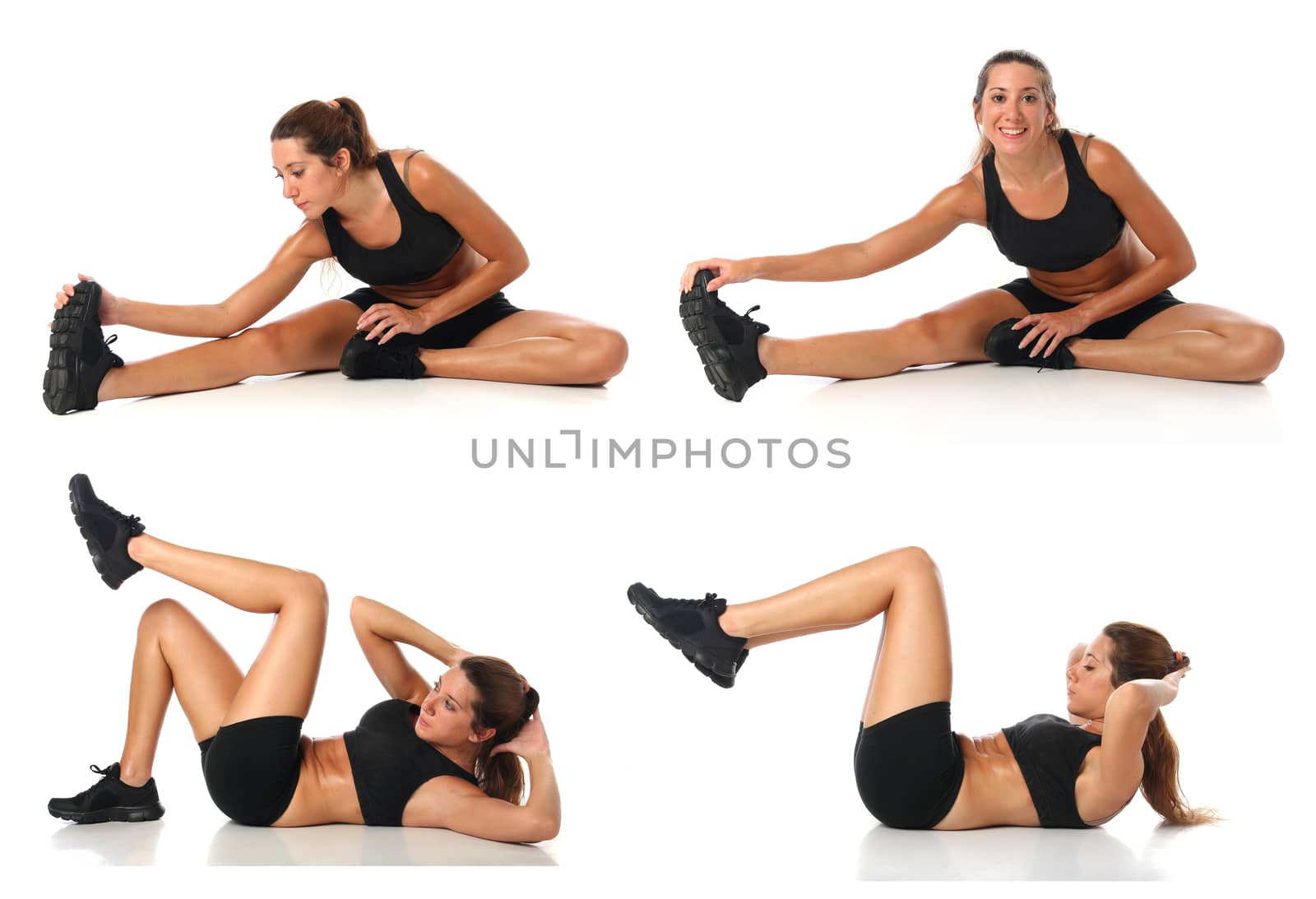 Fitness collage. Young woman doing exercise and  stretching over white