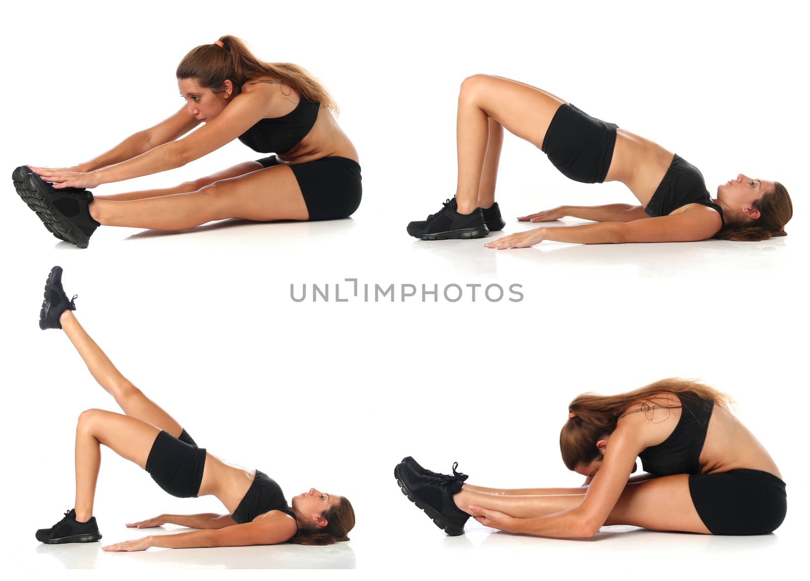 Fitness collage. Young woman doing exercise and  stretching over white