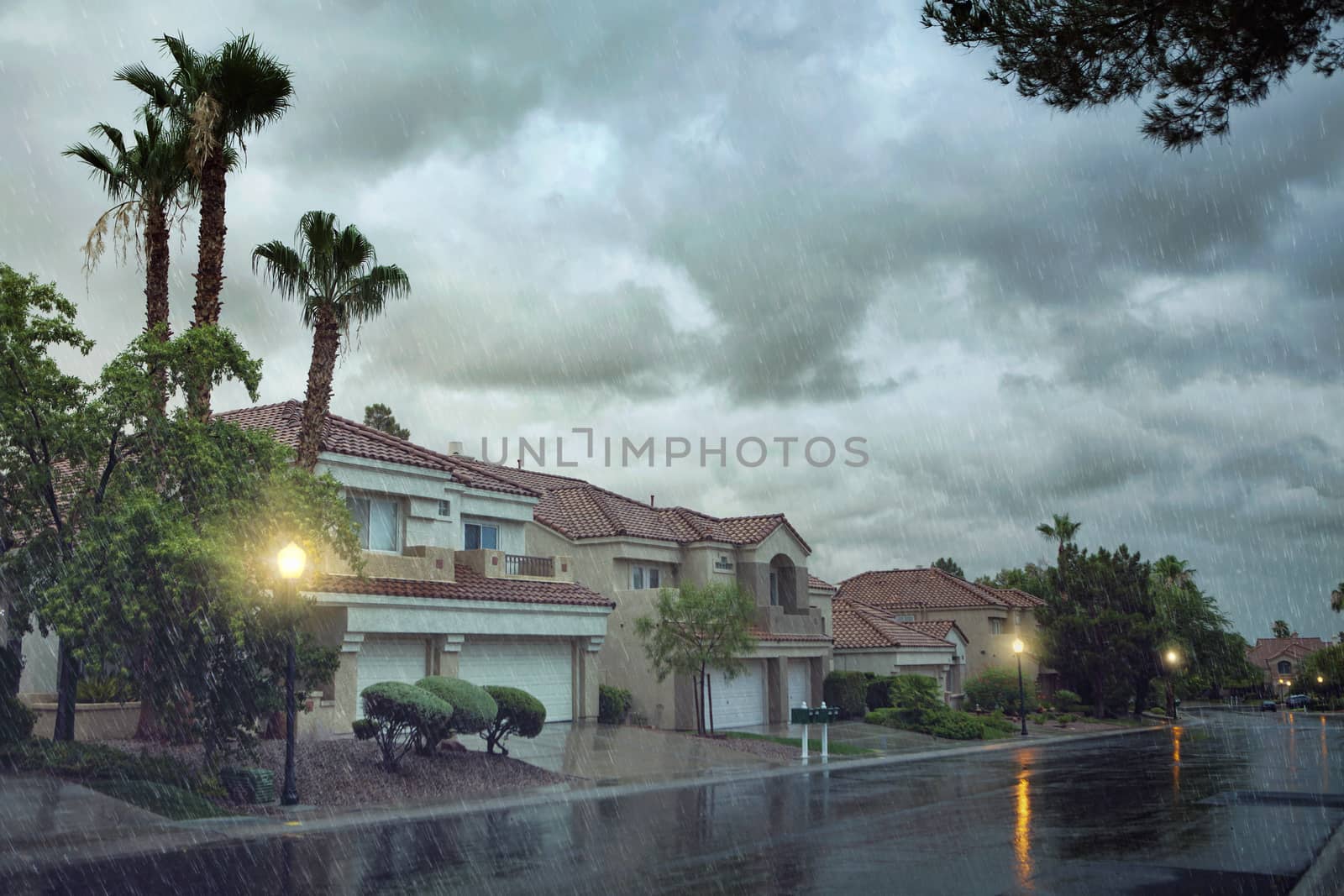 panoramic view of empty street  late evening during heavy rain