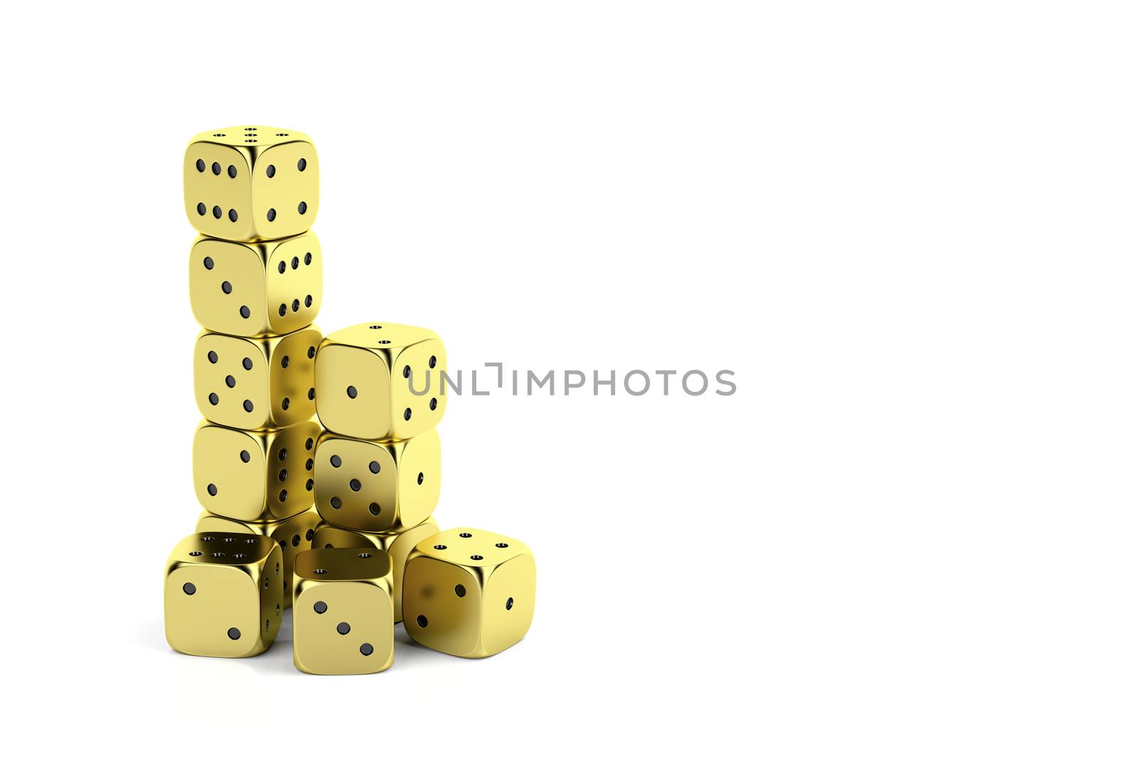 Golden dices on white background with copy space