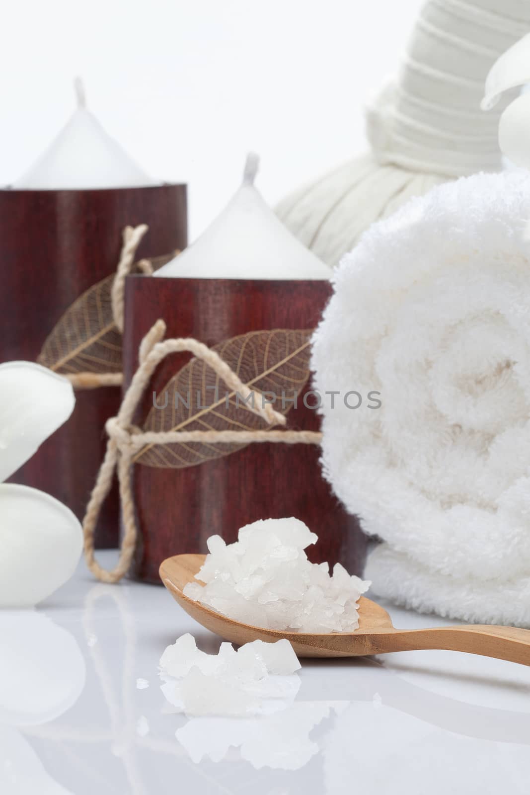 Close up view of spa theme objects on white background