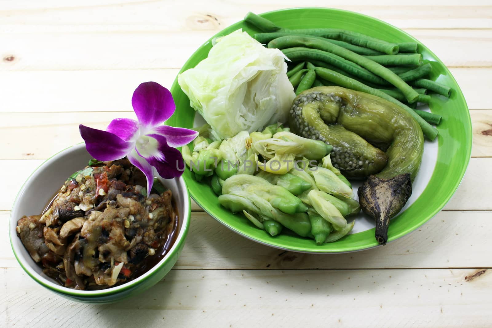 Thai mushroom sauce and boiled vegetables set by worrayuth