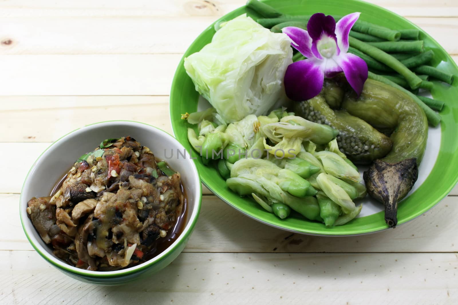 Thai mushroom sauce and boiled vegetables set