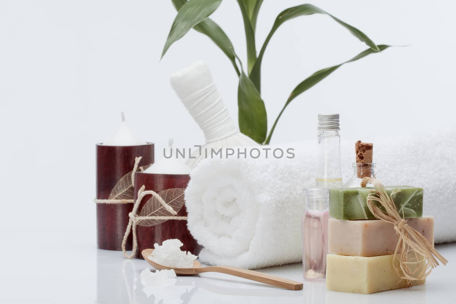 Close up view of spa theme objects on grey background