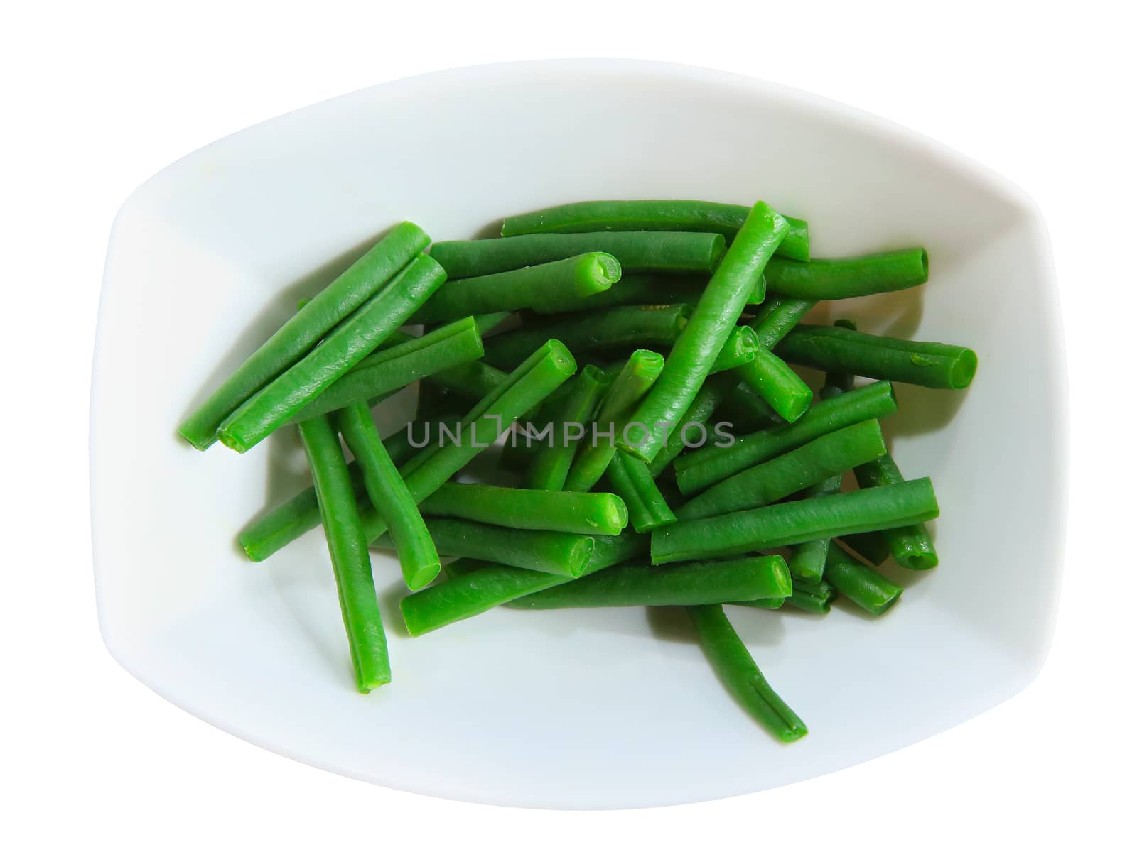Green beans in a white plate, isolated, on white background 