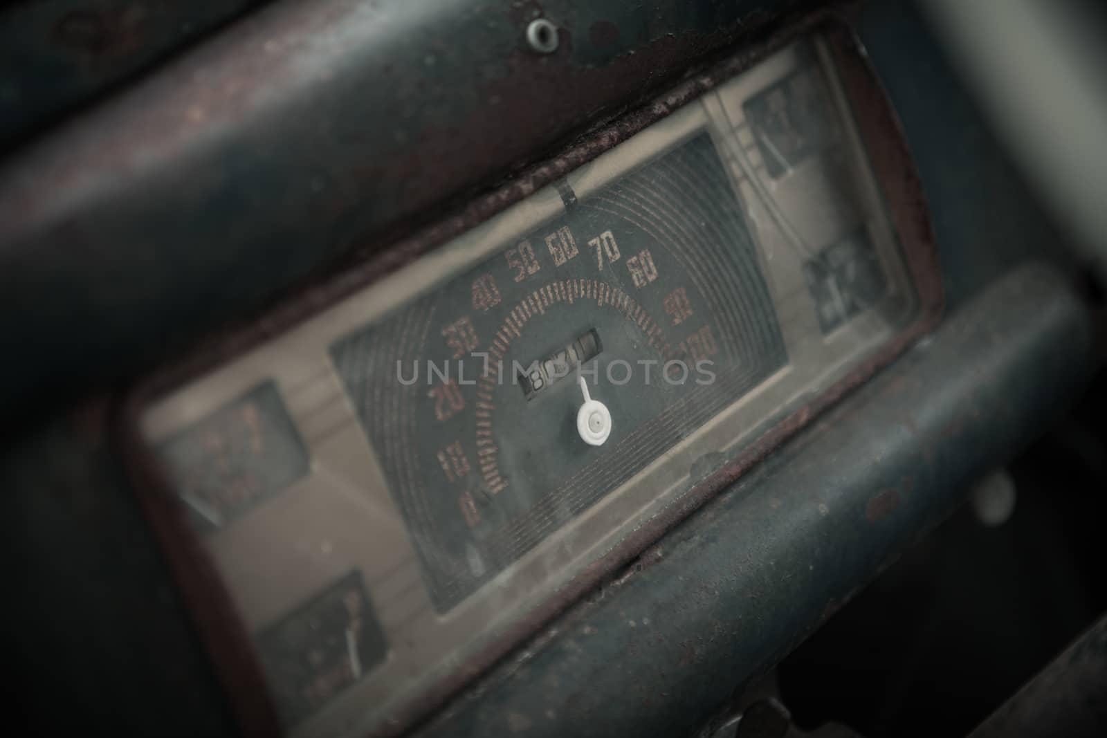 fragment of vintage old style automobile dash board disaturated