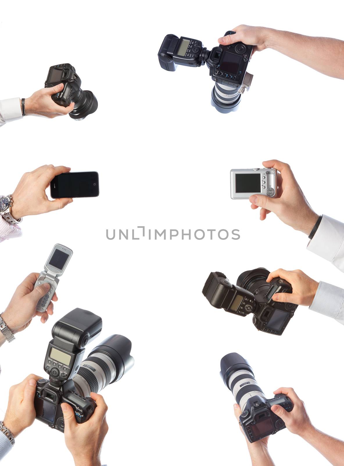 hands holding cameras collection pictures on white back