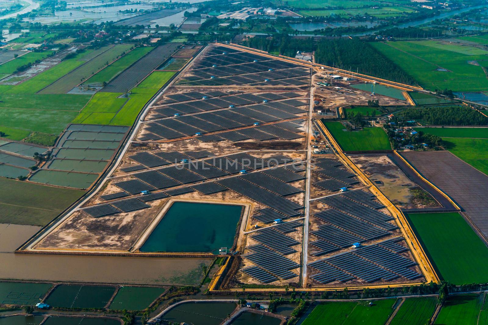 Solar farm, solar panels photo from the air