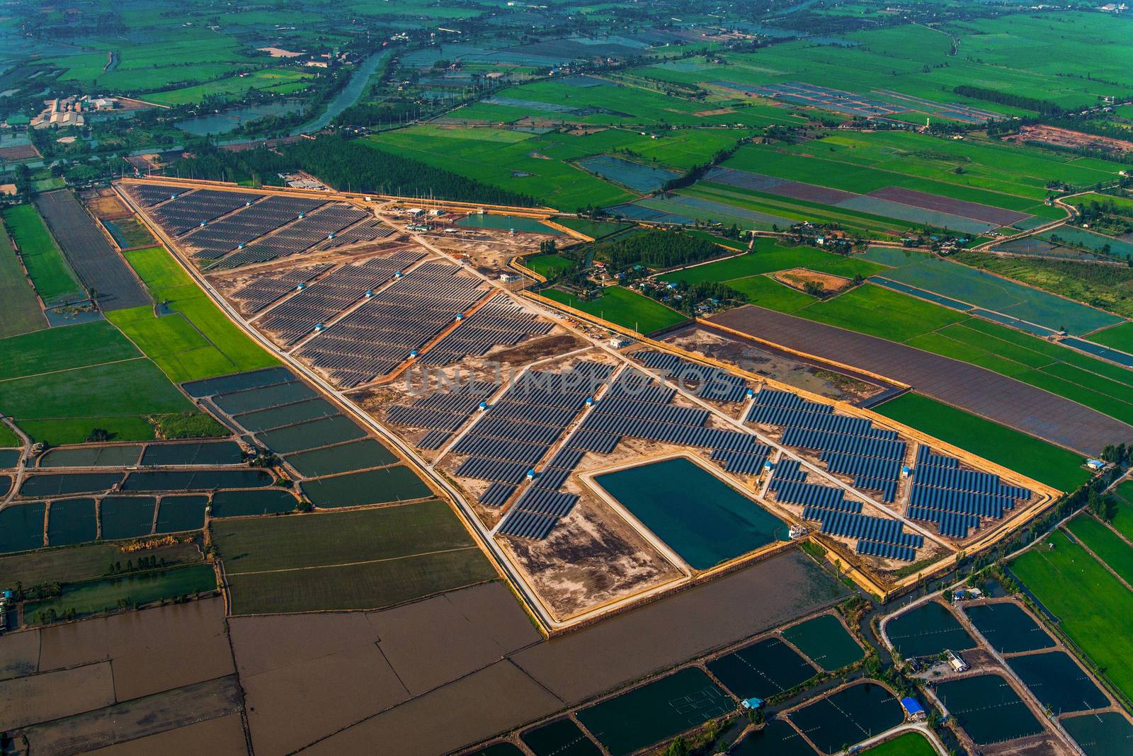 Solar farm, solar panels photo from the air