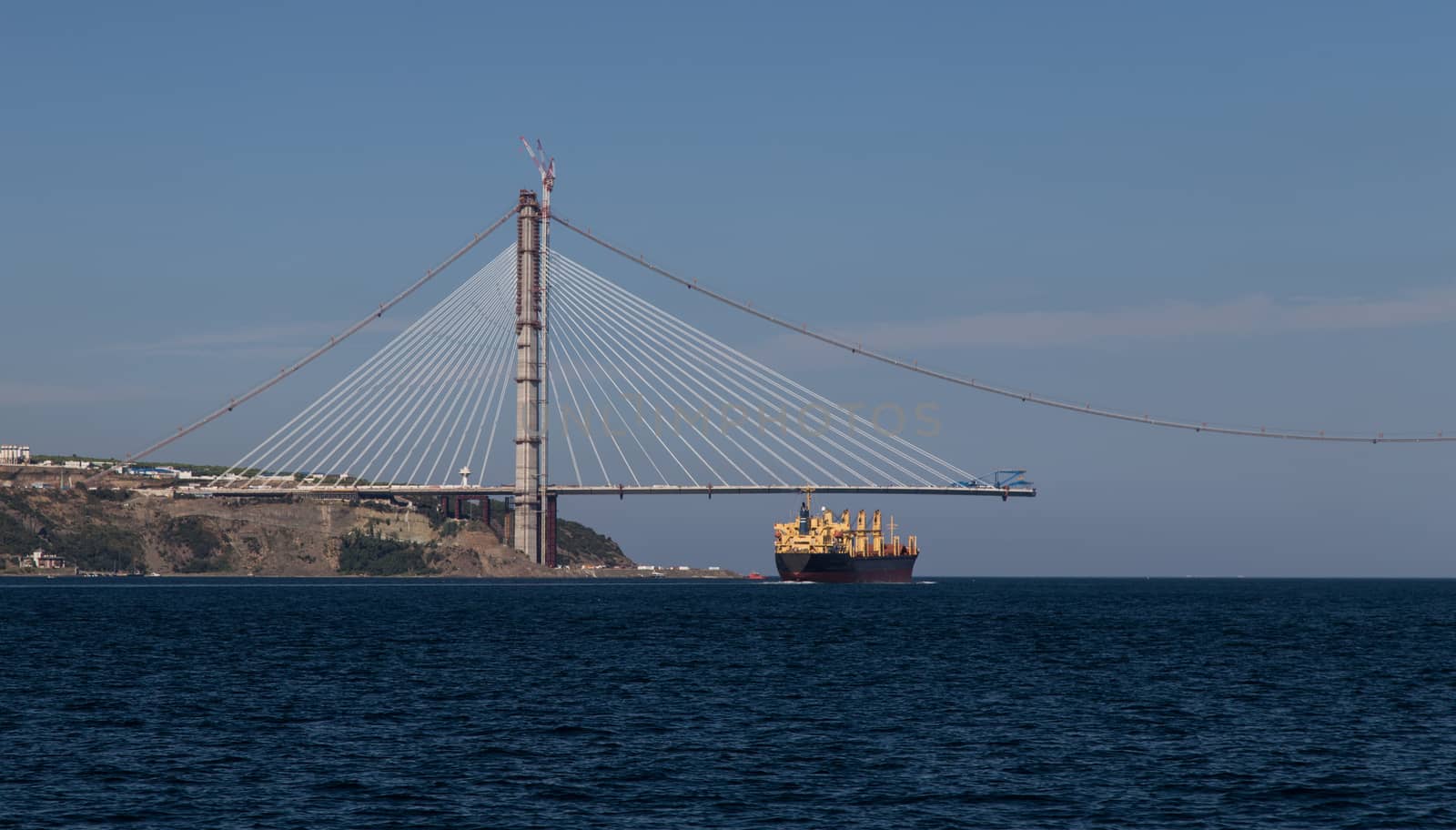 Construction of Yavuz Sultan Selim Bridge over Bosphorus Strait in North of Istanbul, Turkey