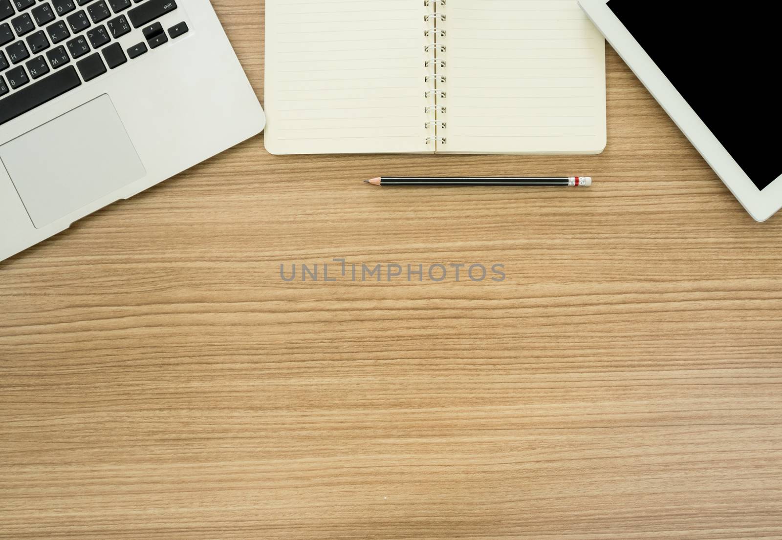 workspace with computer  tablet and notebook. View from above