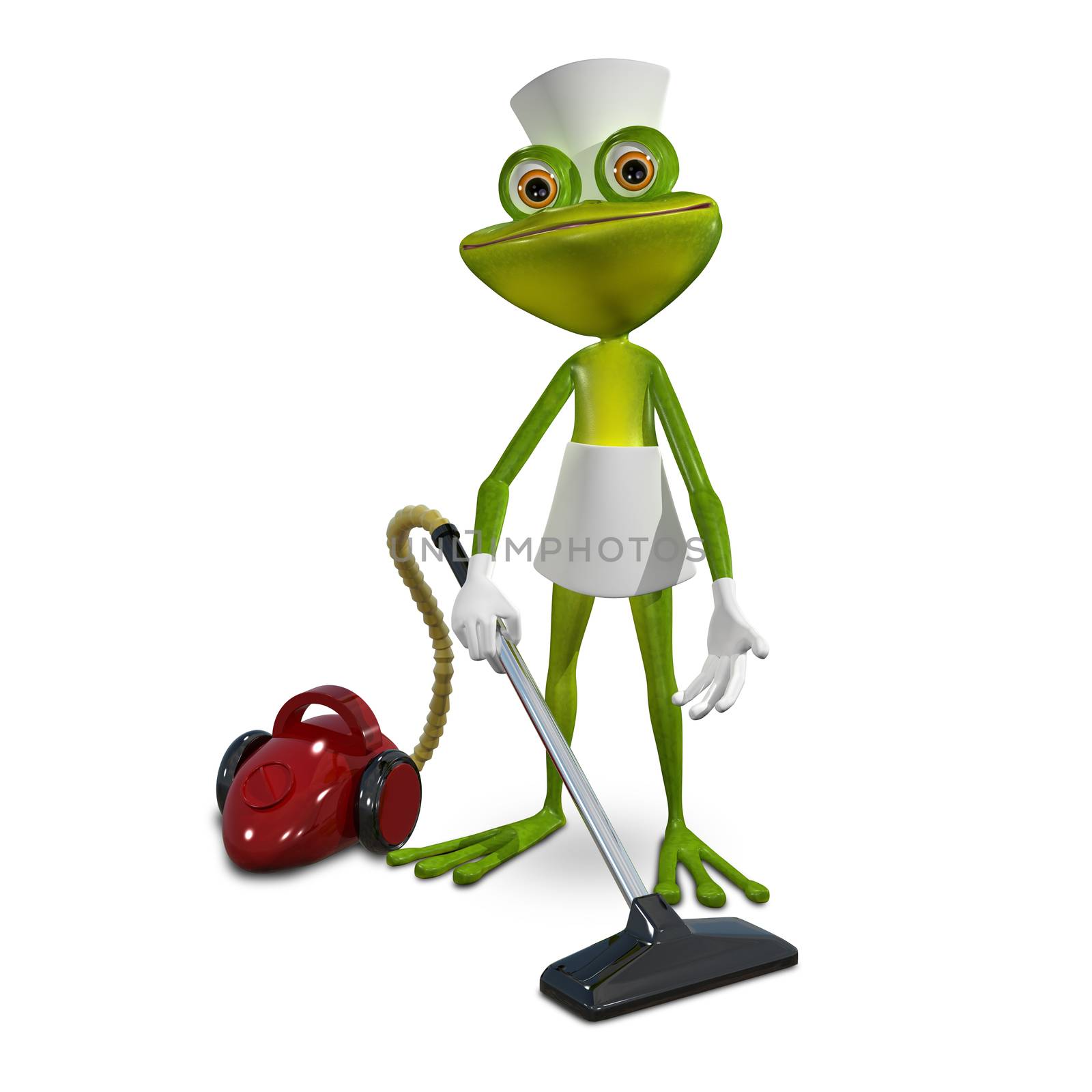 Illustration of a green frog maid with vacuum cleaner