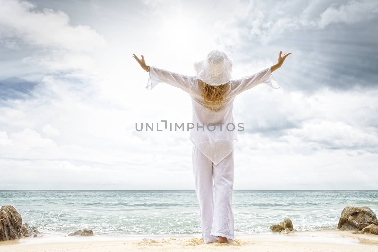 Portrait of nice young woman  having good time on tropical beach