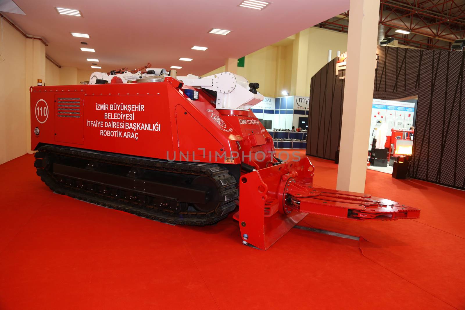 ISTANBUL, TURKEY - SEPTEMBER 12, 2015: Tracked fire truck in ISAF Security fair in Istanbul Fair Center