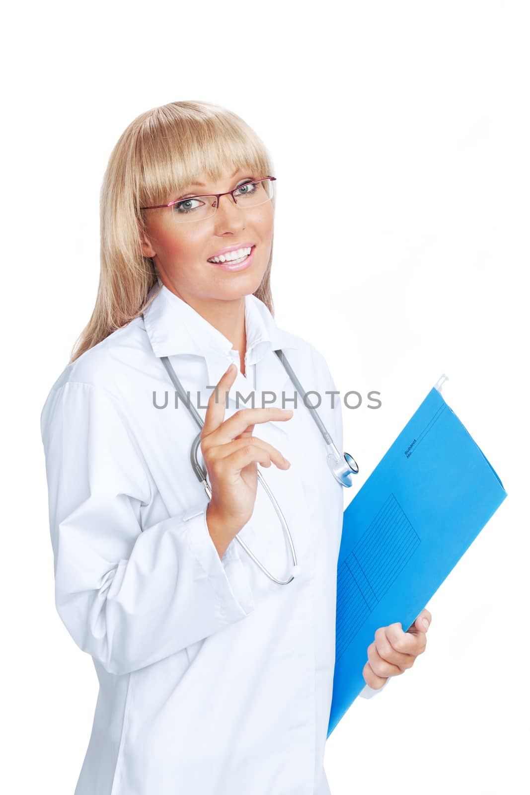 Portrait of nice doctor in glasses on white  back