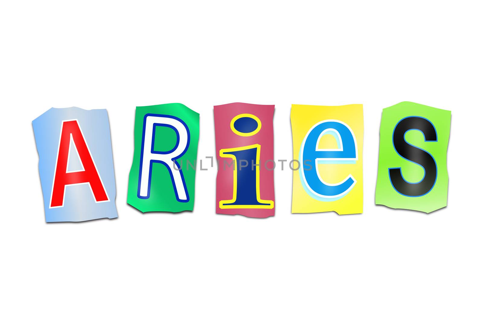 Illustration depicting a set of cut out printed letters arranged to form the word Aries.