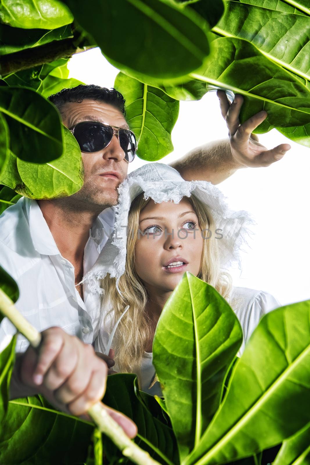 Portrait of young nice couple having good time inj tropic environment