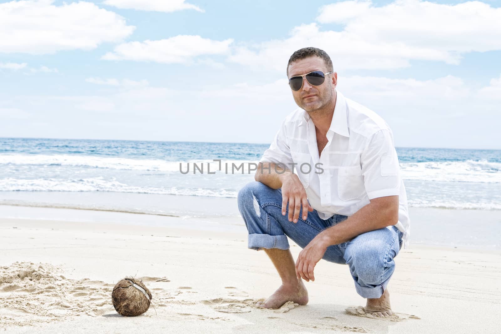 Portrait of nice young woman  having good time on tropical beach