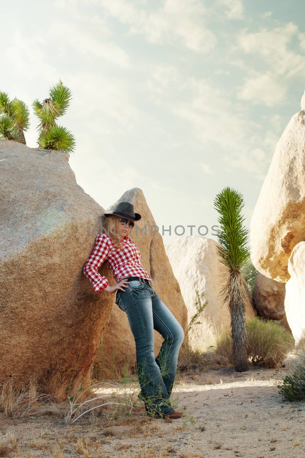 portrait of young beautiful girl in Joshua Tree park environment