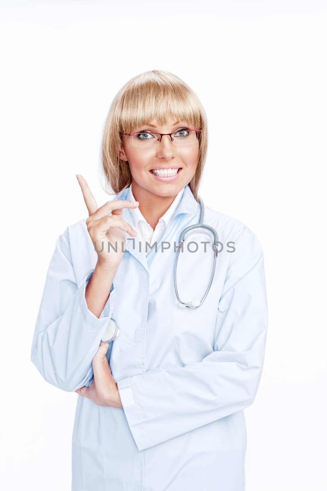 Portrait of nice doctor in glasses on white  back