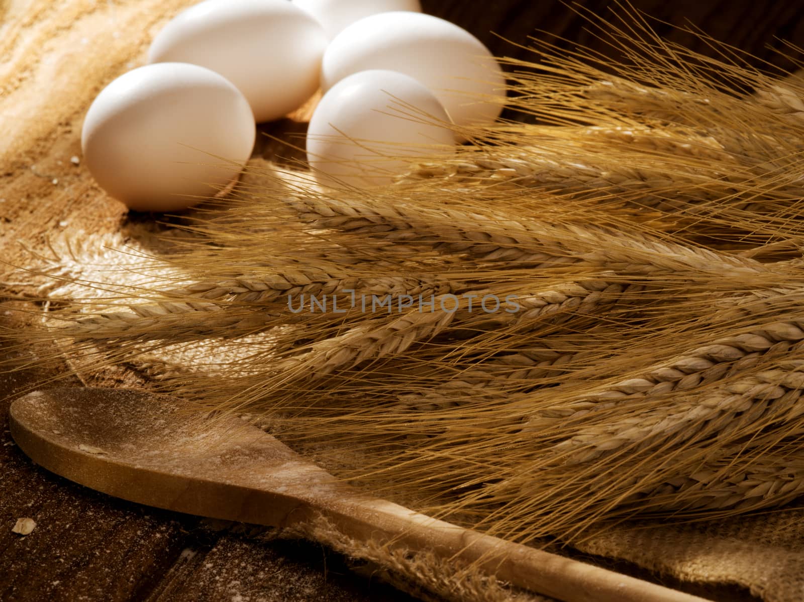 close up view of wheat  spikes with eggs on color back