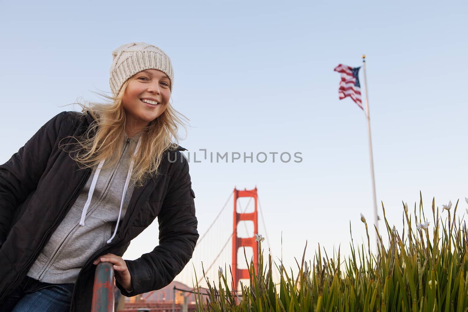 Portrait of nice young woman traveling through  san Francisco