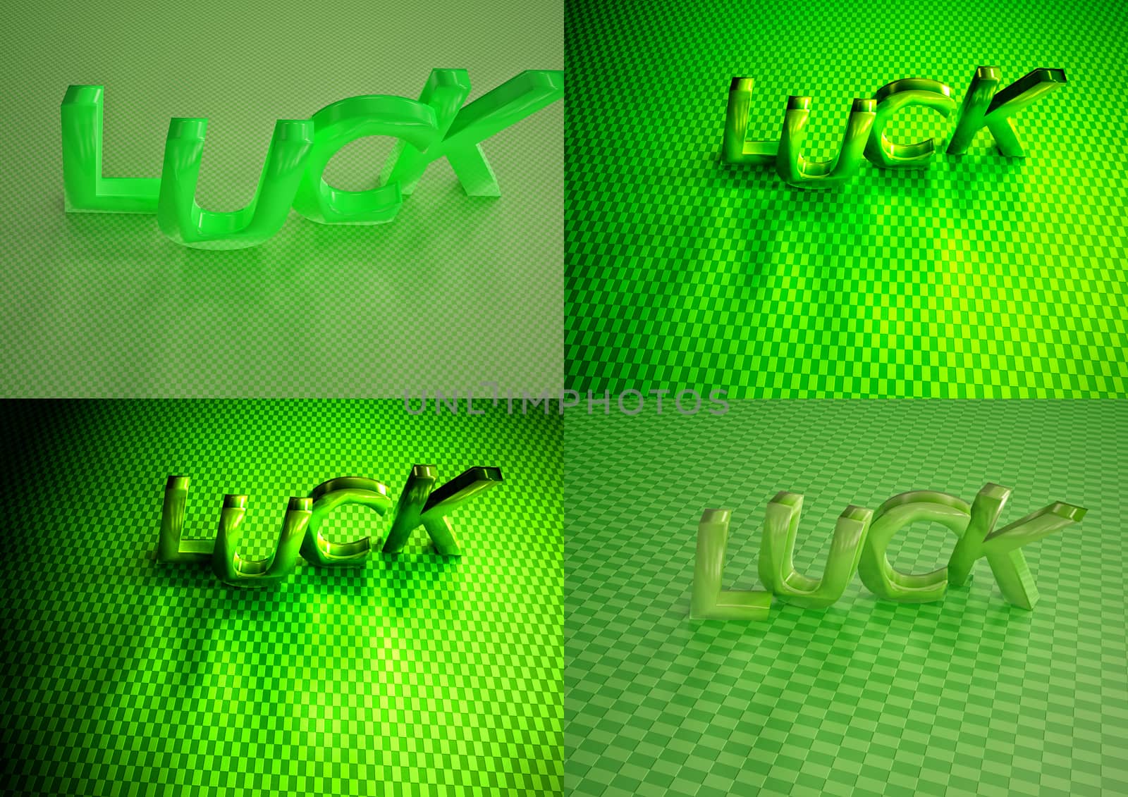 Set of pictures dimensional inscription of LUCK on green background.