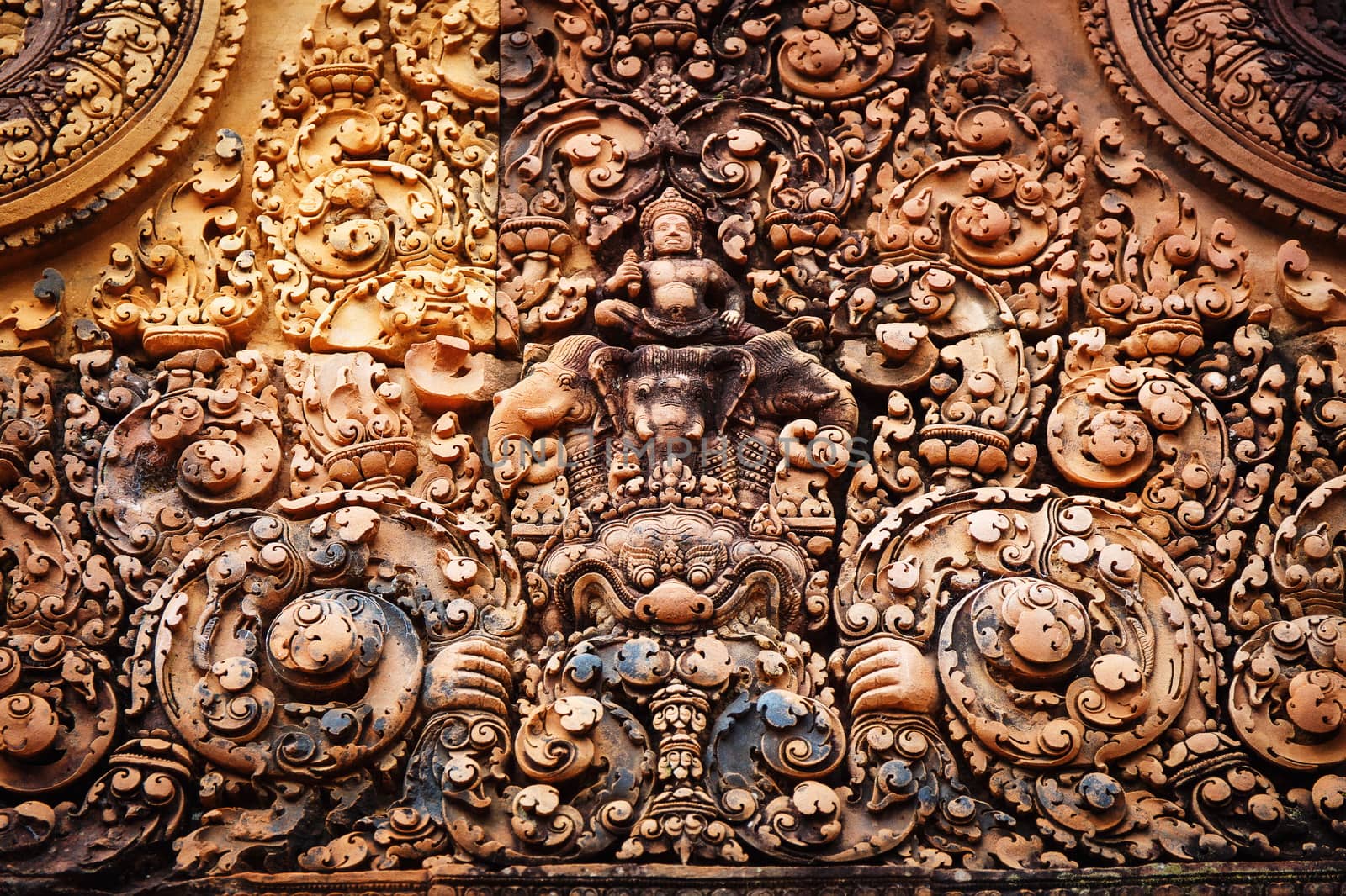 Khmer architecture in Banteay Srei temple that was built in 968, Siem Reap, Cambodia.