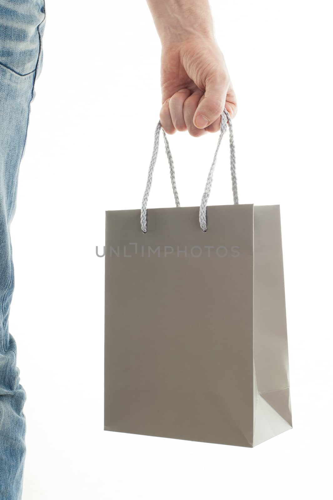 Shopping man, gift bag, isolated on white