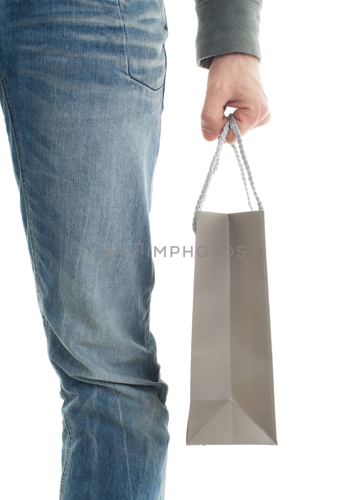 Shopping man, gift bag, isolated on white
