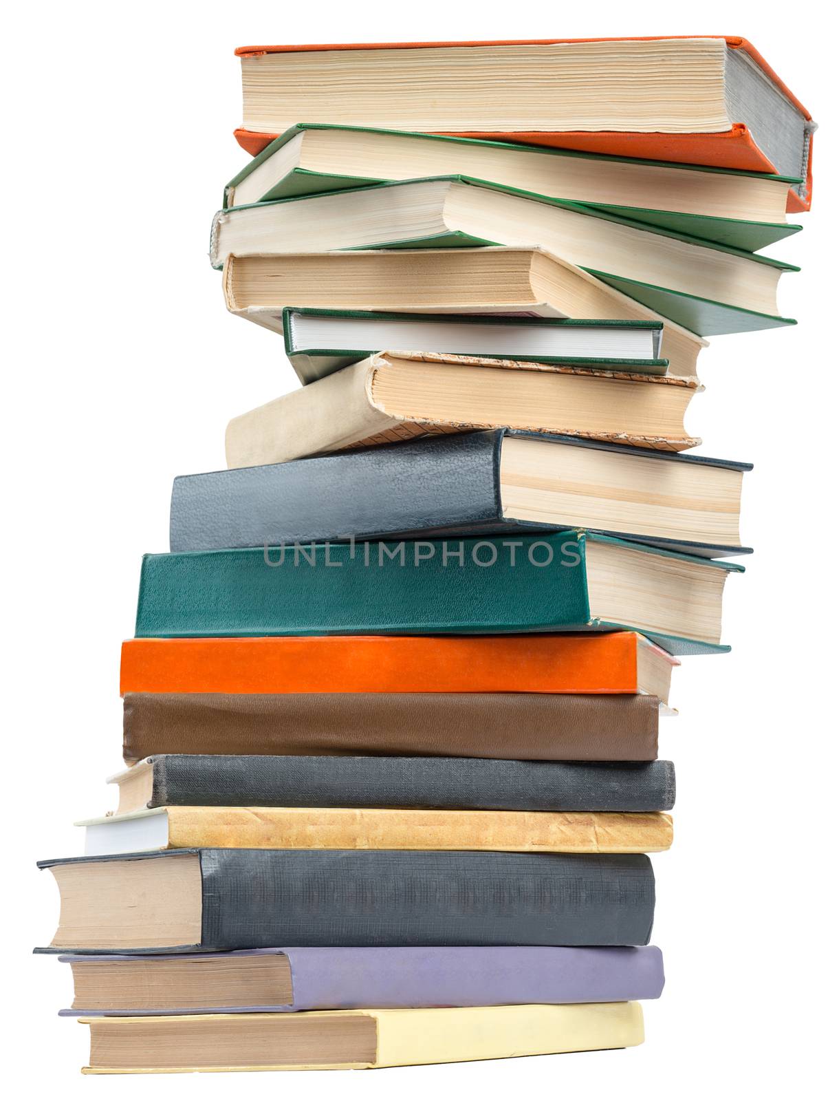 Pile of colorful books isolated on white background, closeup