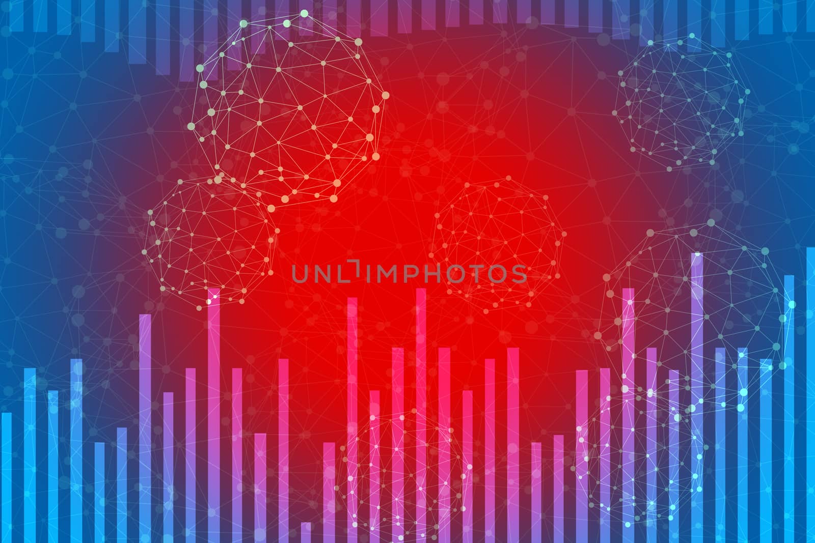 Abstract blue and red background with light spots and molecules