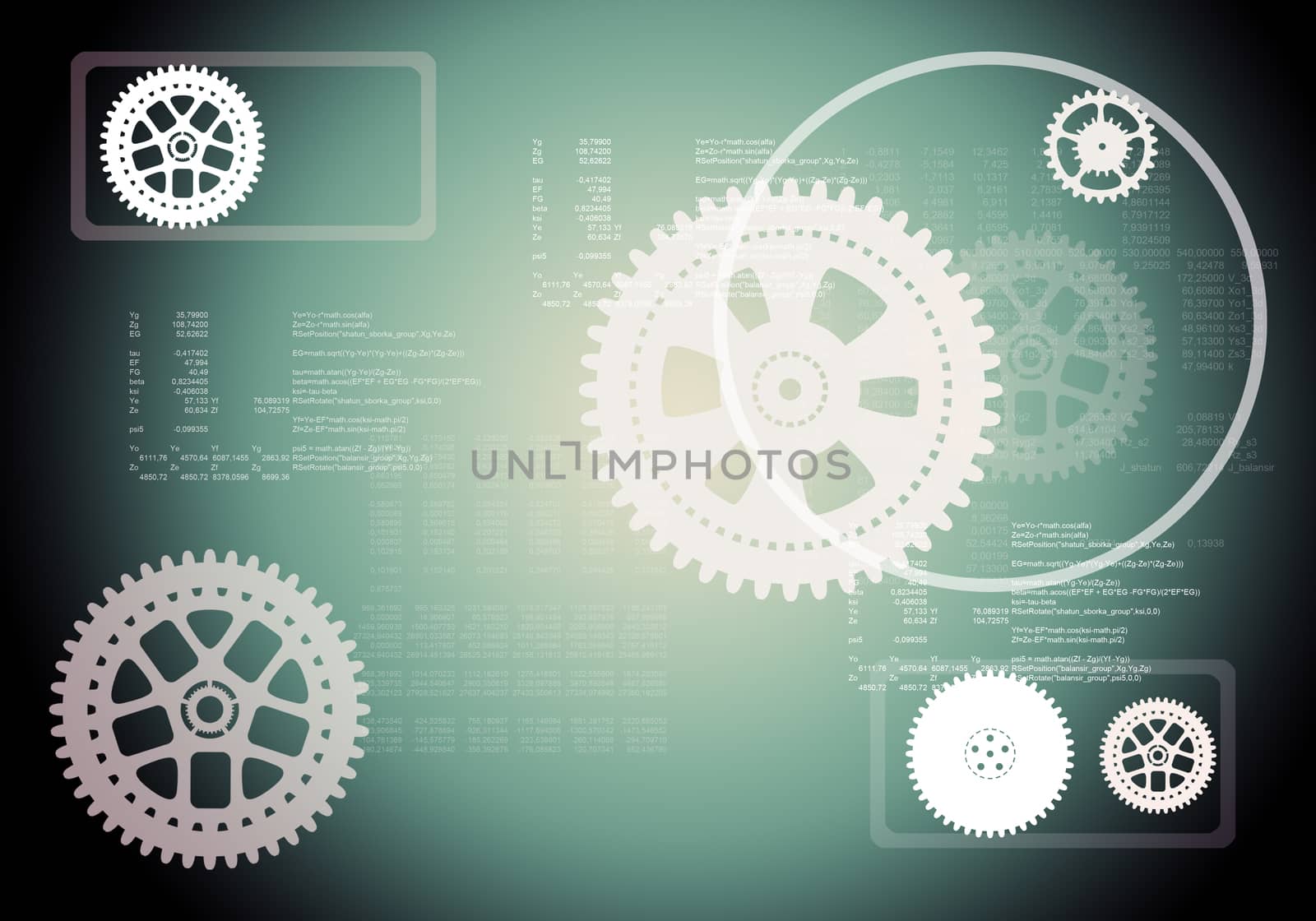 Set of mechanical gears and rounds on grey background