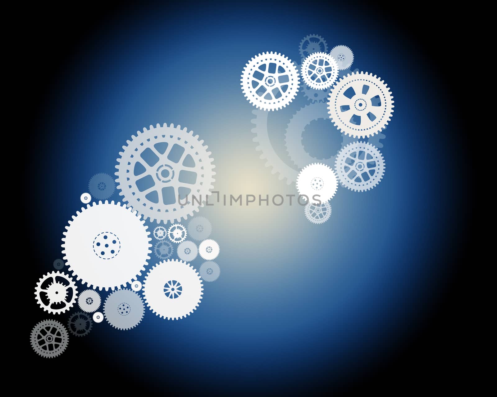 Set of mechanical gears and rounds on blue background