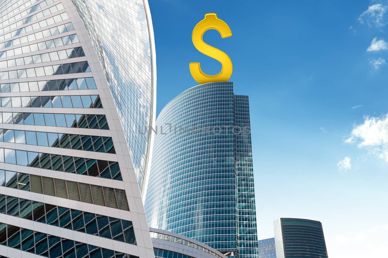 Skyscraper with dollar sign on roof, business concept