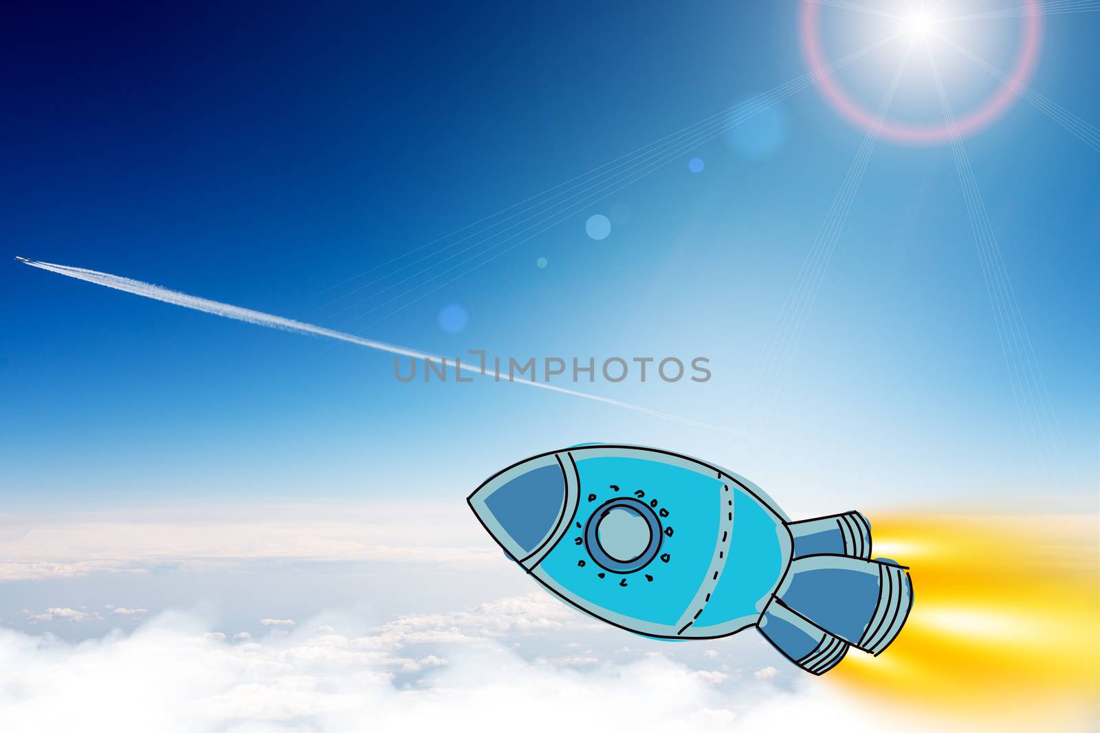 Space rocket flying above clouds, outdoor concept