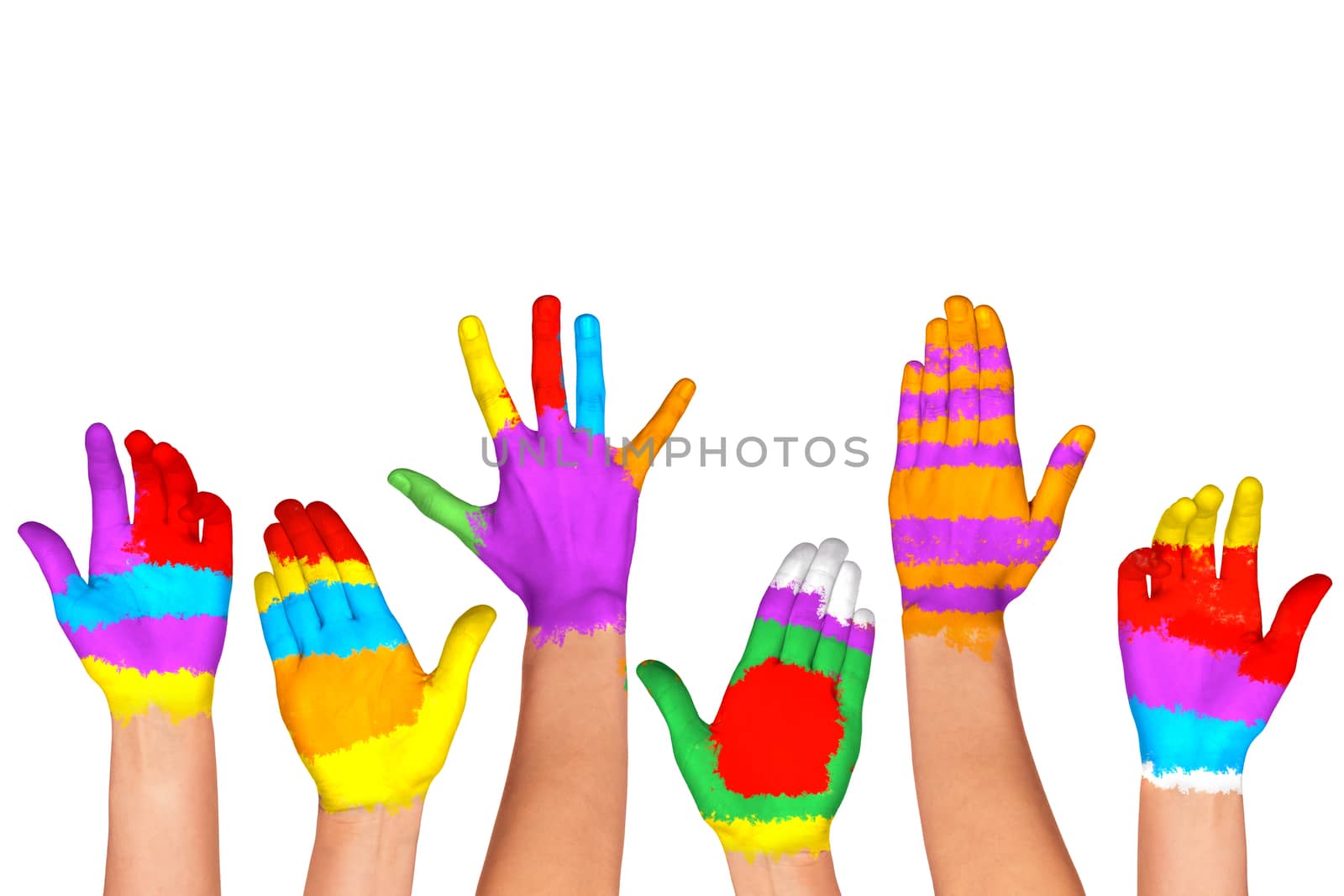 Set of colorful hands isolated on white background, 