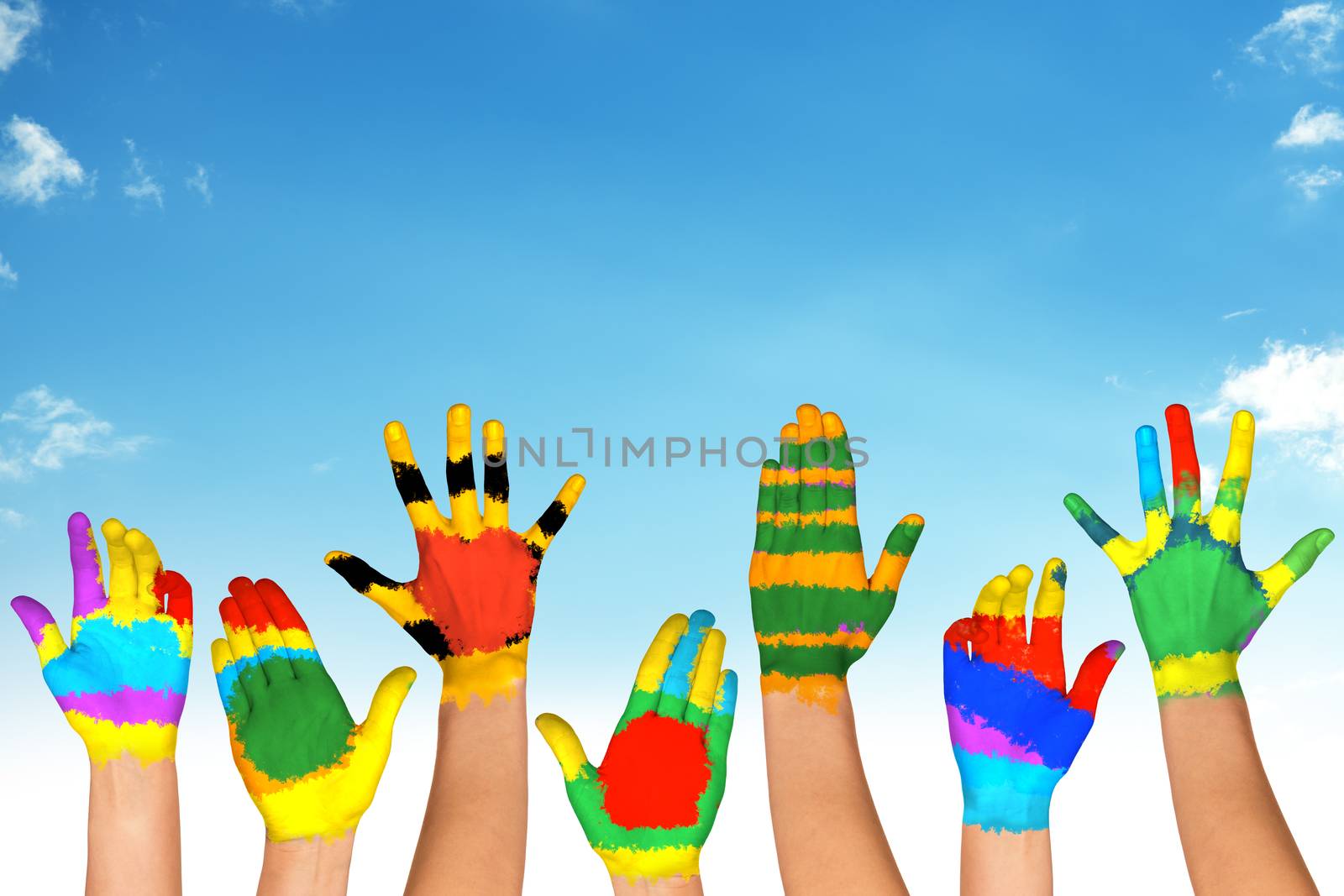 Set of colorful hands with blue sky, relax concept