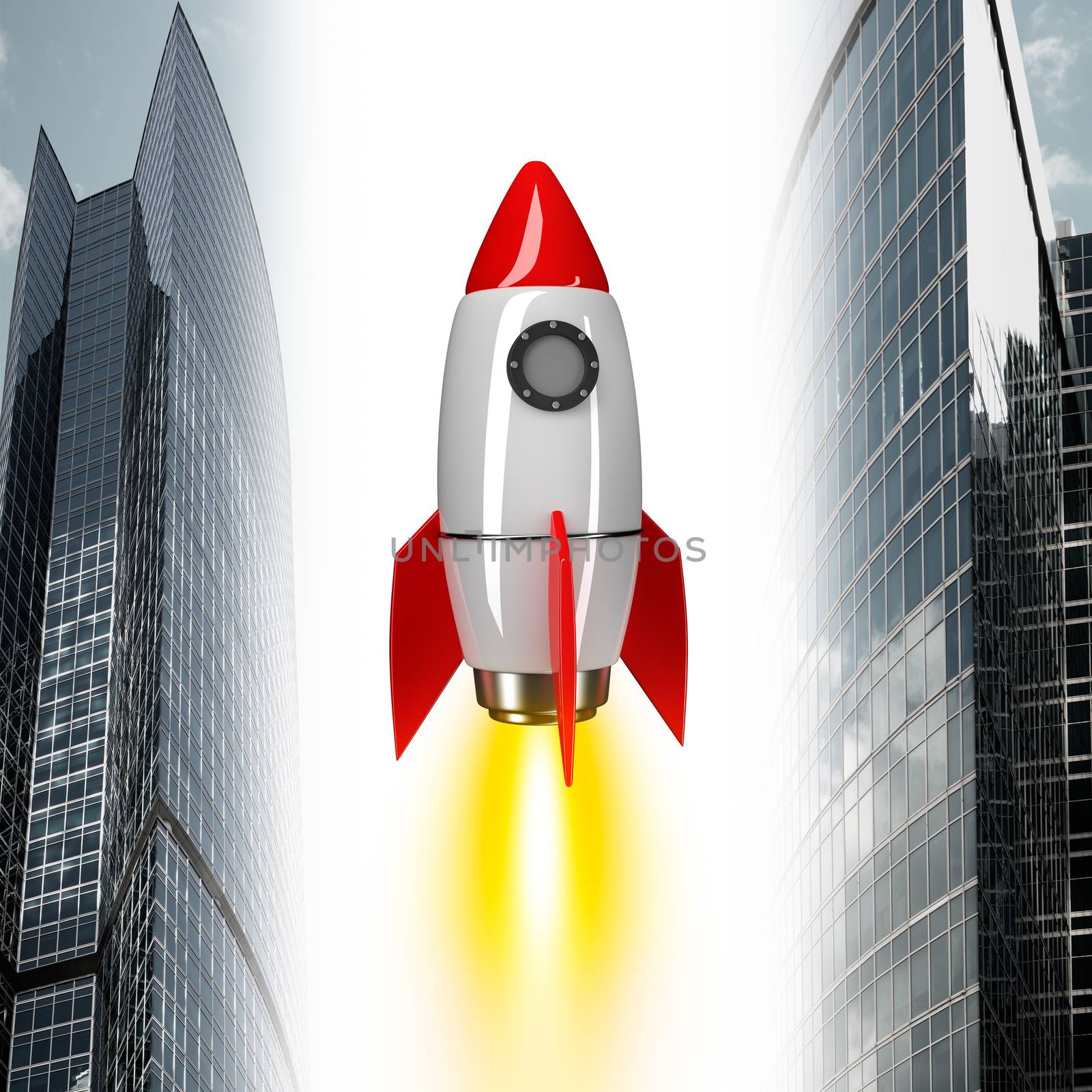 Space rocket with fire and buildings on white background, business concept