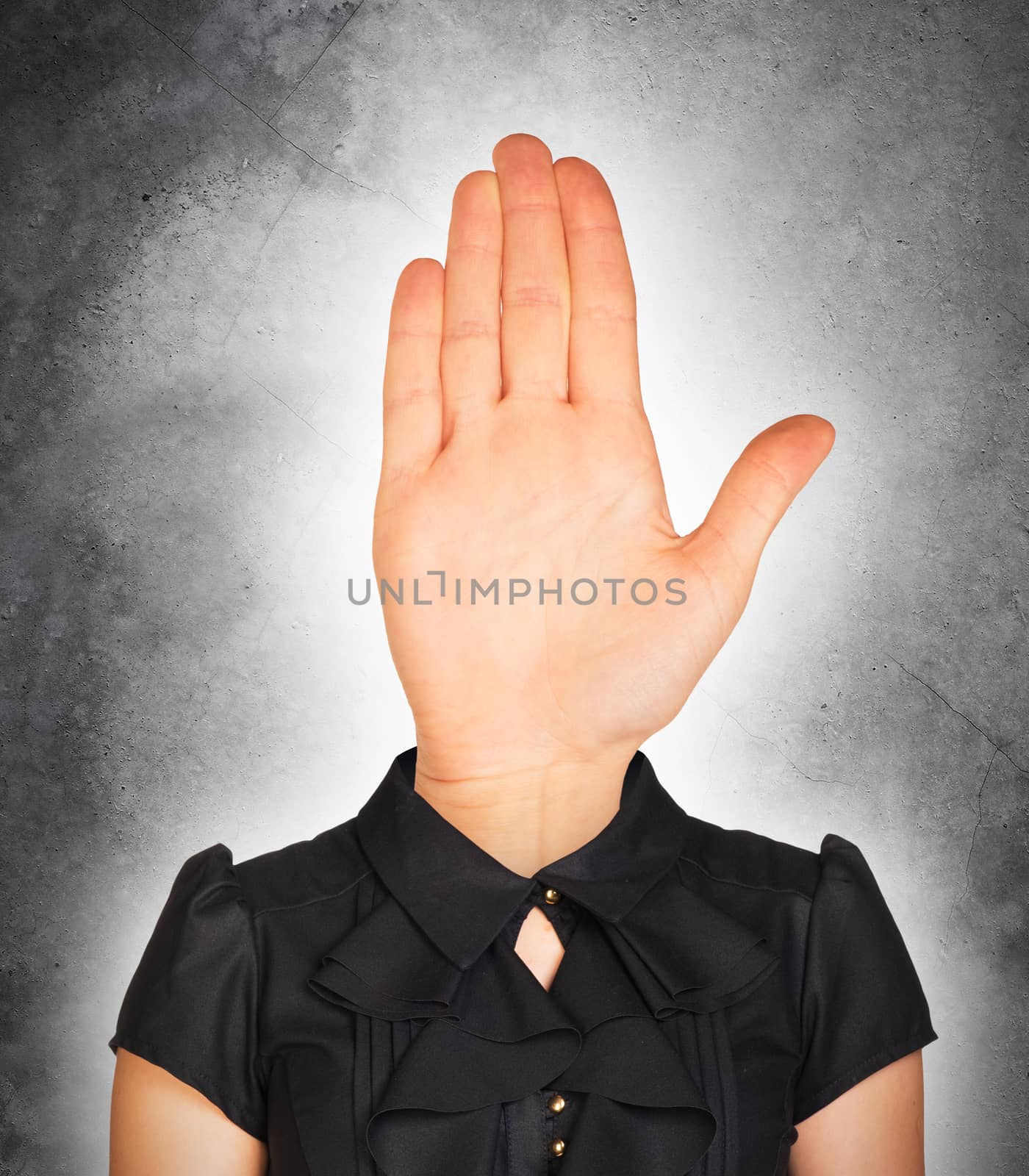 Businesswoman with hand instead head, stop concept