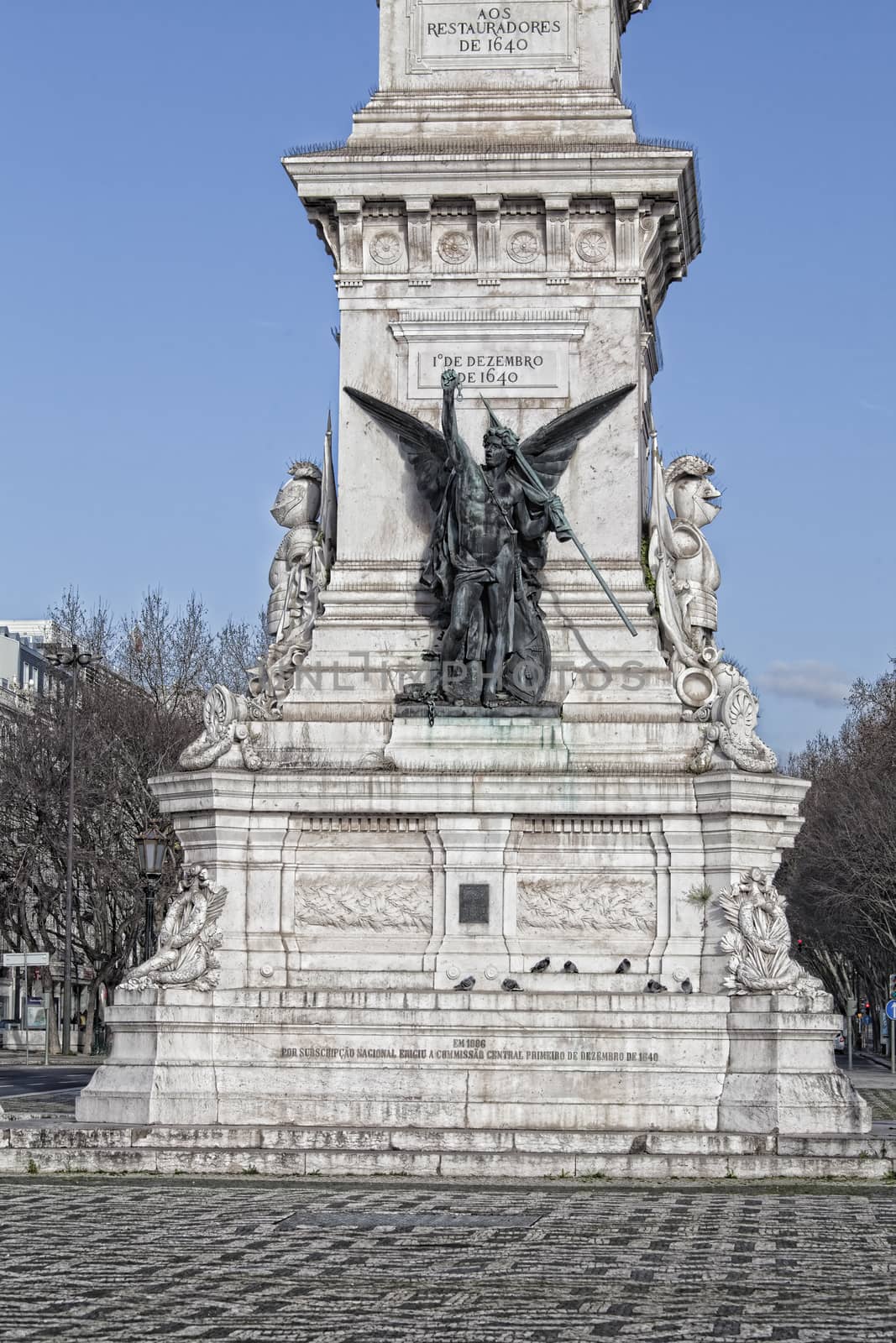 Details of the Monument to the Restorers on Restauradores Square in Lisbon, Portugal