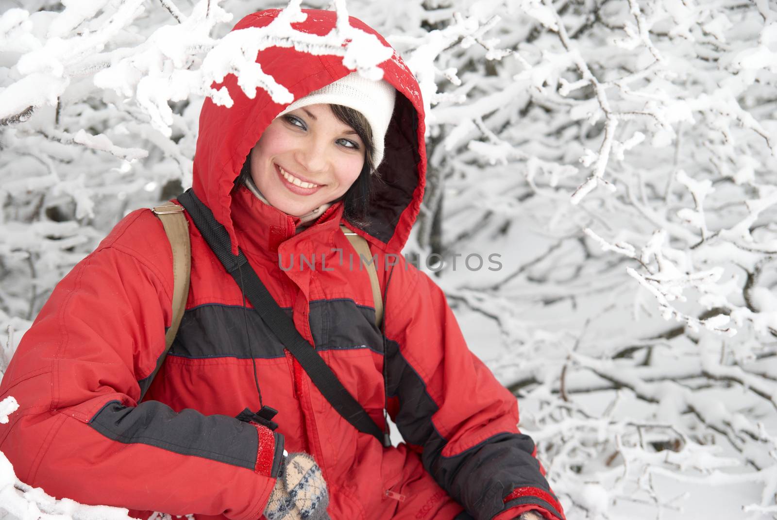 Pretty winter girl in the snow forest