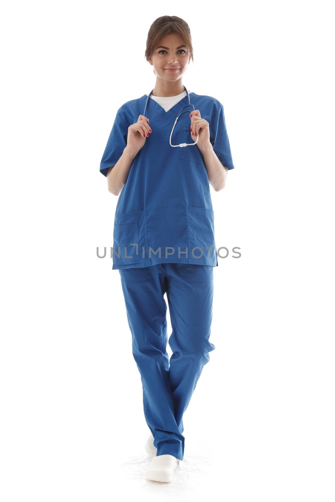 Young nurse full length portrait isolated on white background