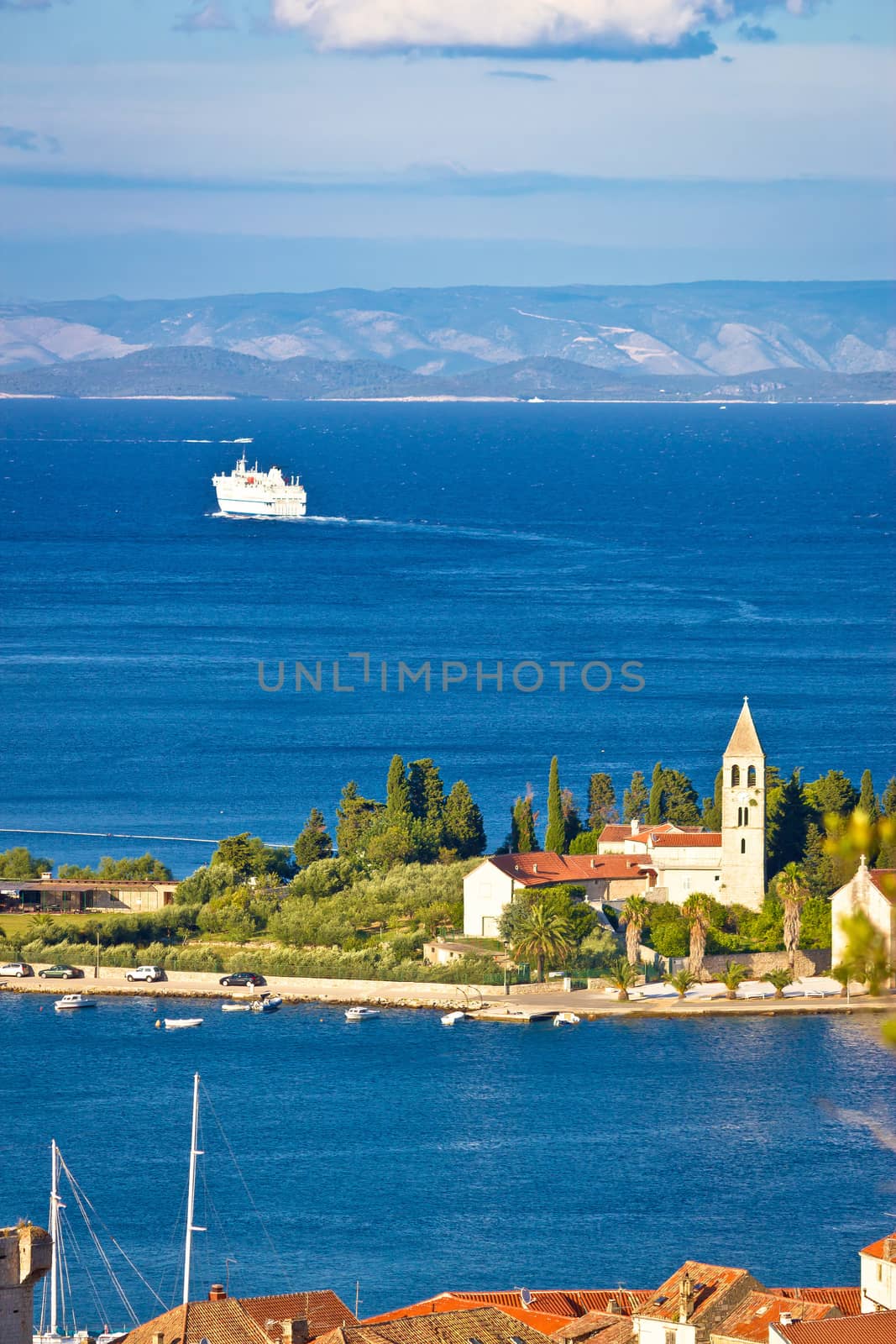 Vis island church and ferry view, Dalmatia, Croatia