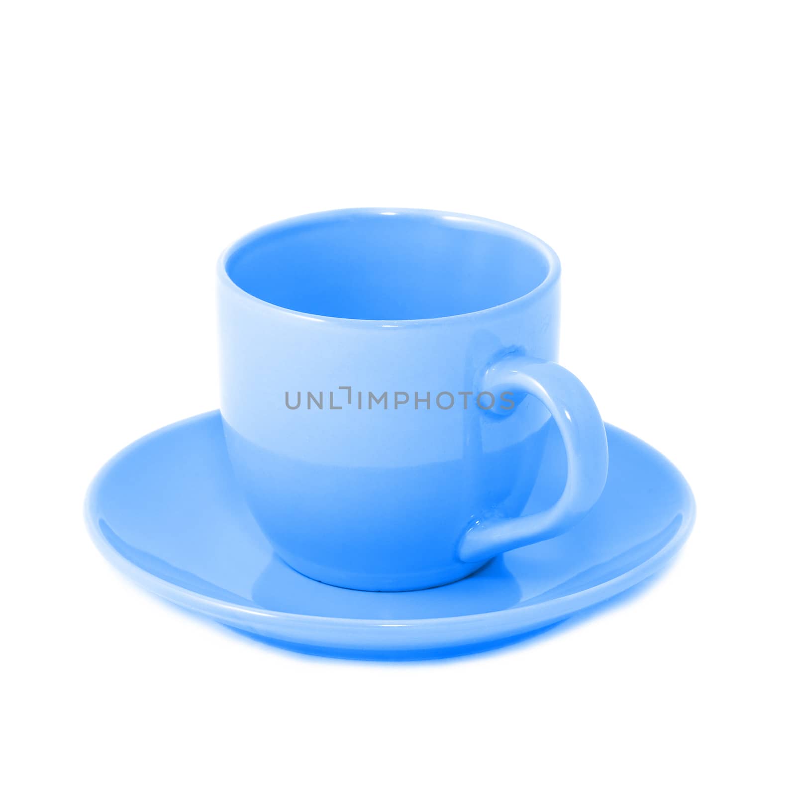 Blue teacup and saucer isolated on white