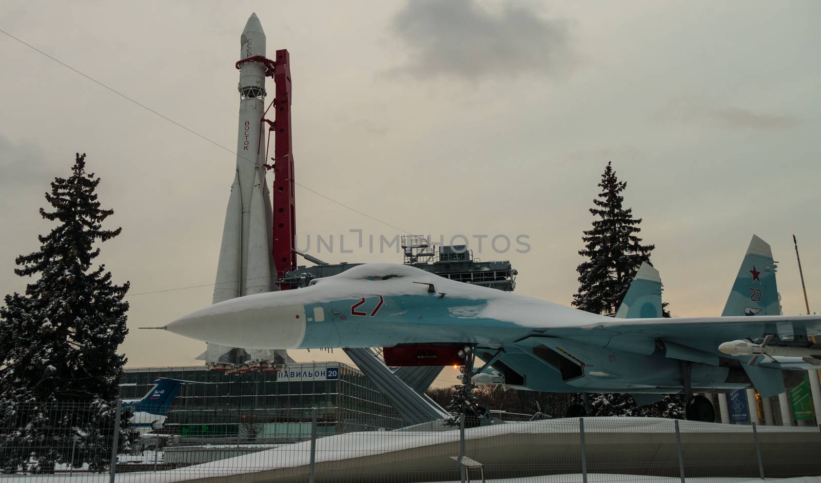 The first rocket Vostok and fighter at an exhibition in Moscow in winter 2016