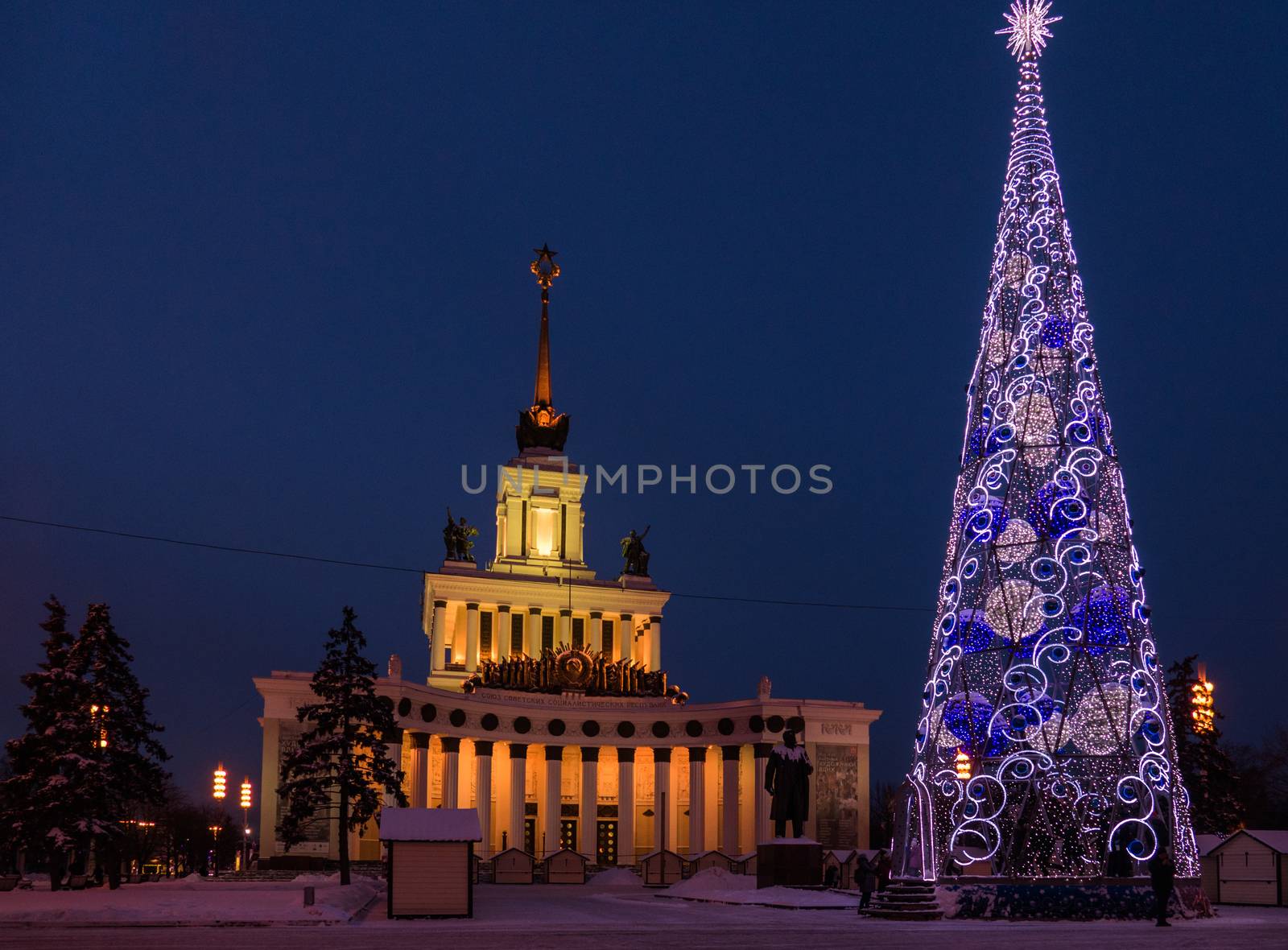 The building and tree in the evening at the exhibition Moscow 2016