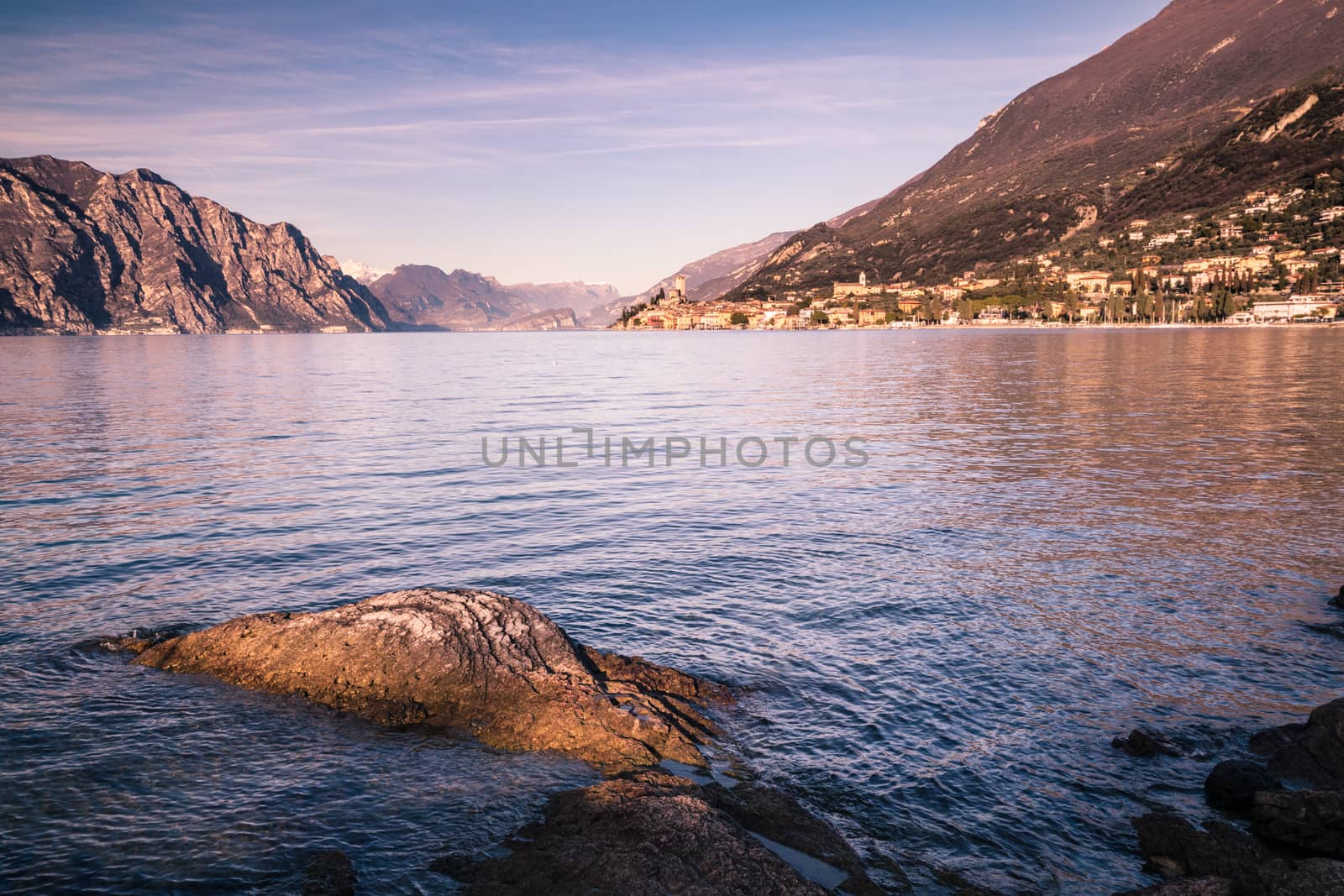 Panorama of Lake Garda (Italy) near the town of Malcesine called "the pearl of the lake".