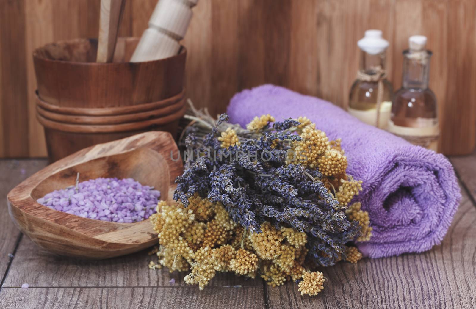 Natural spa treatment with lavender and helichrysum (immortelle). Macro selective focus with retro style processing