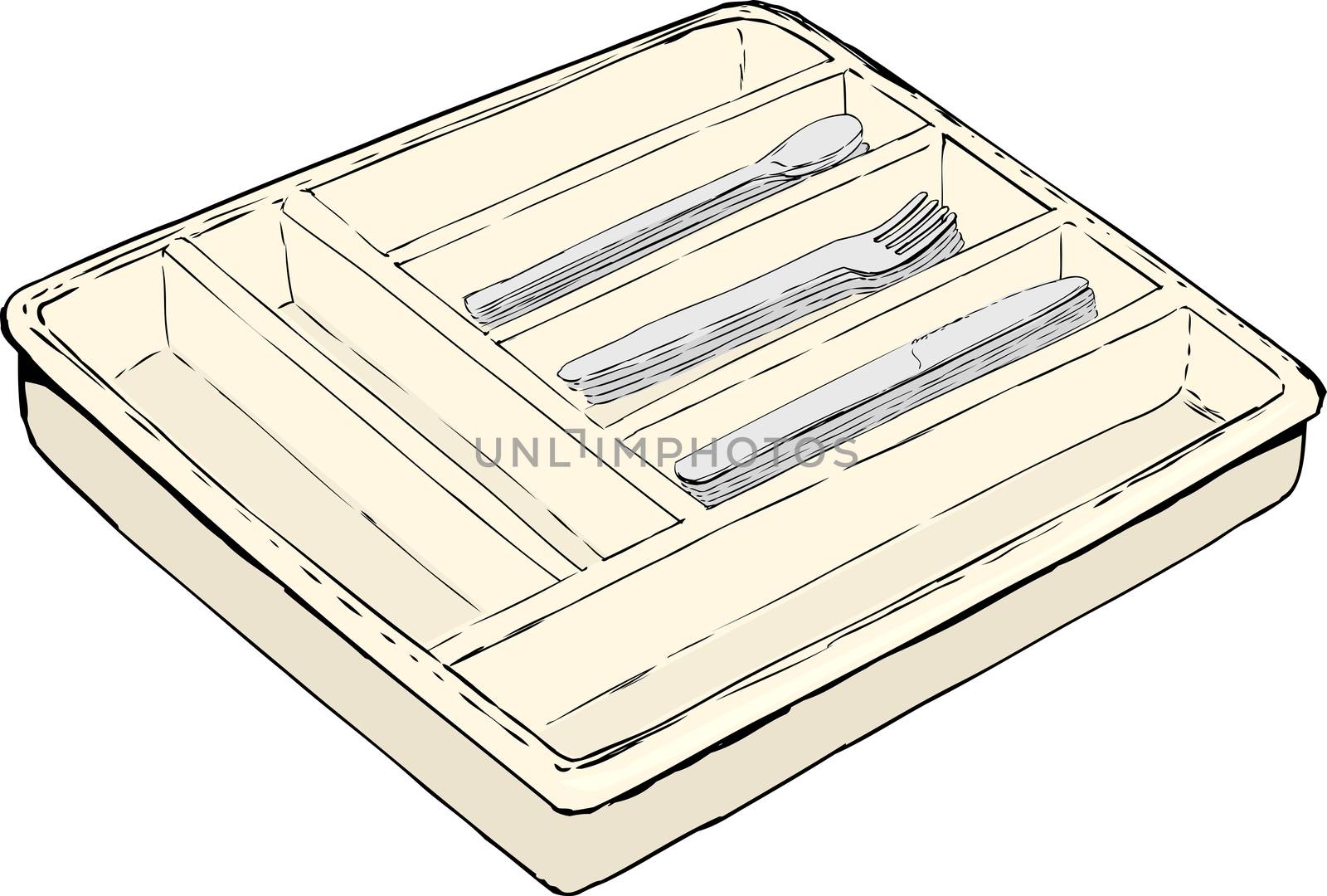 Single isolated rectangular cutlery tray with stacks of spoons, forks and knives over white background